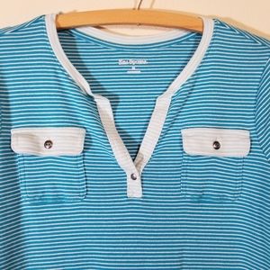 Turquoise Teal Pinstripe, Buttoned Chest Pockets, 3/4 Sleeves Shirt, med…